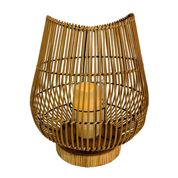 Boho Bamboo Candle Holder Lantern Glass Insert 16" Curved Rustic Home Decor Tabl - Picture 8 of 16